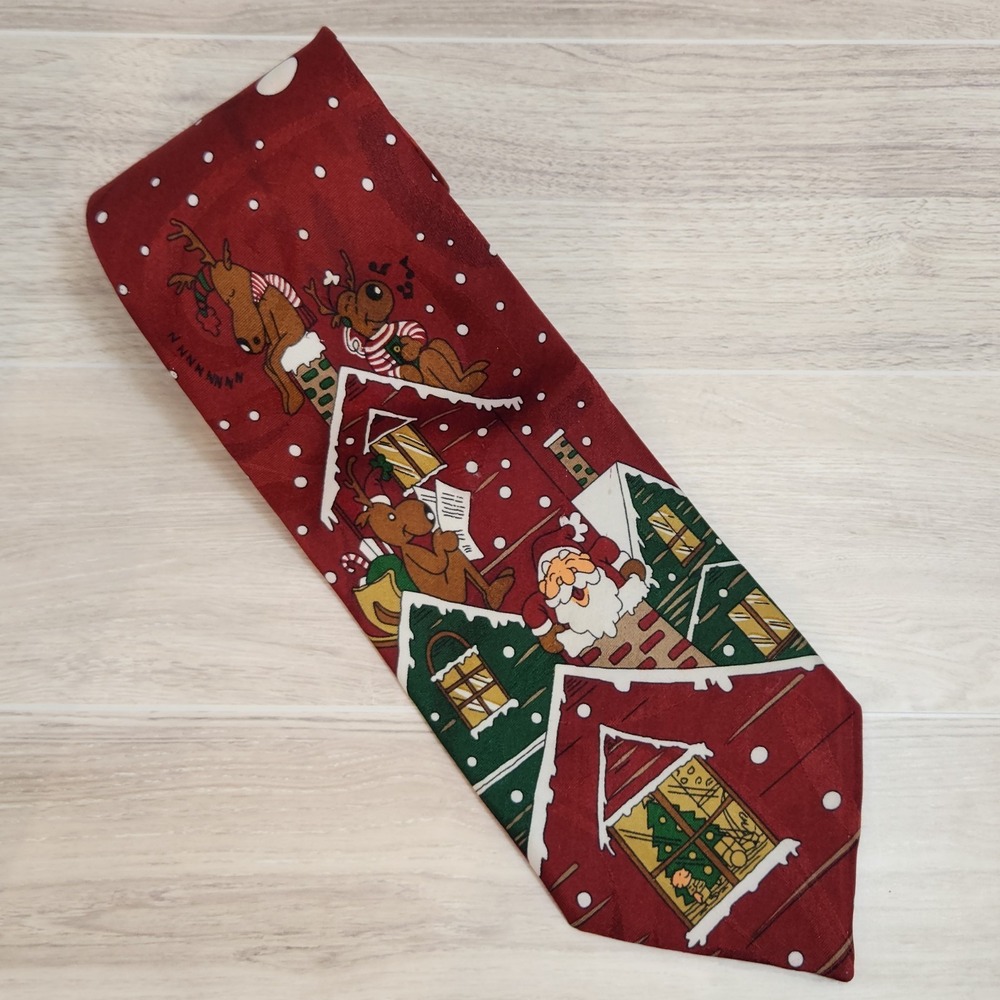 Jingle Bells Mens Tie Santa Reindeer Rooftop/ Polyester Christmas 54"